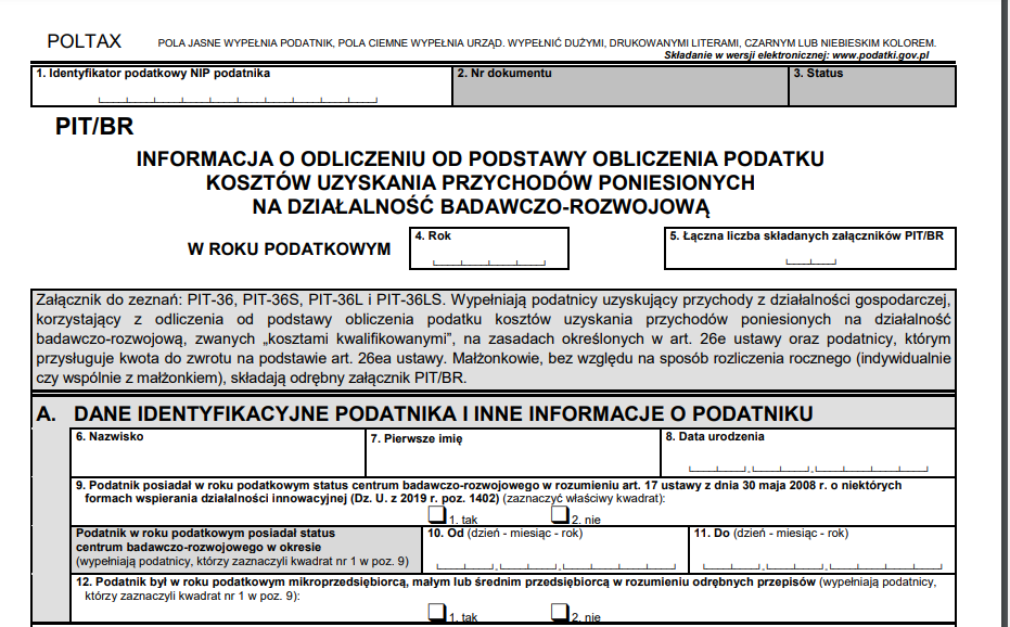 Formularz PIT/BR (informacja o odliczeniach od podstawy opodatkowania kosztów uzyskania przychodów poniesionych na działalność badawczo-rozwojową)