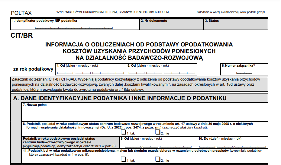 Formularz CIT/BR (informacja o odliczeniach od podstawy opodatkowania kosztów uzyskania przychodów poniesionych na działalność badawczo-rozwojową)